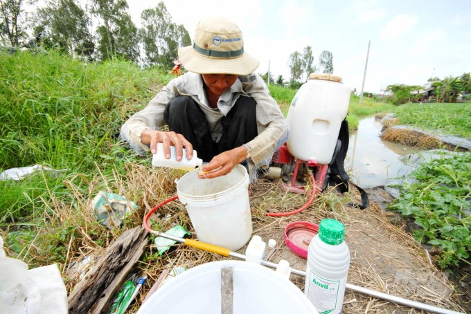 Pha thuốc trừ sâu bằng tay trần, không mang đồ bảo hộ
