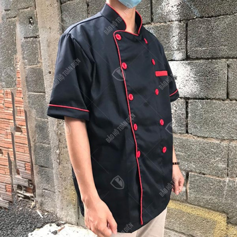 Áo bếp ngắn tay đen viền đỏ